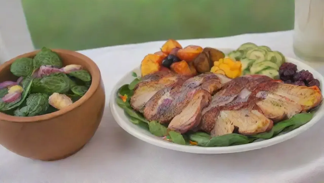 Una mesa vibrante y acogedora llena de platos coloridos y comida saludable, rodeada de risas y felicidad