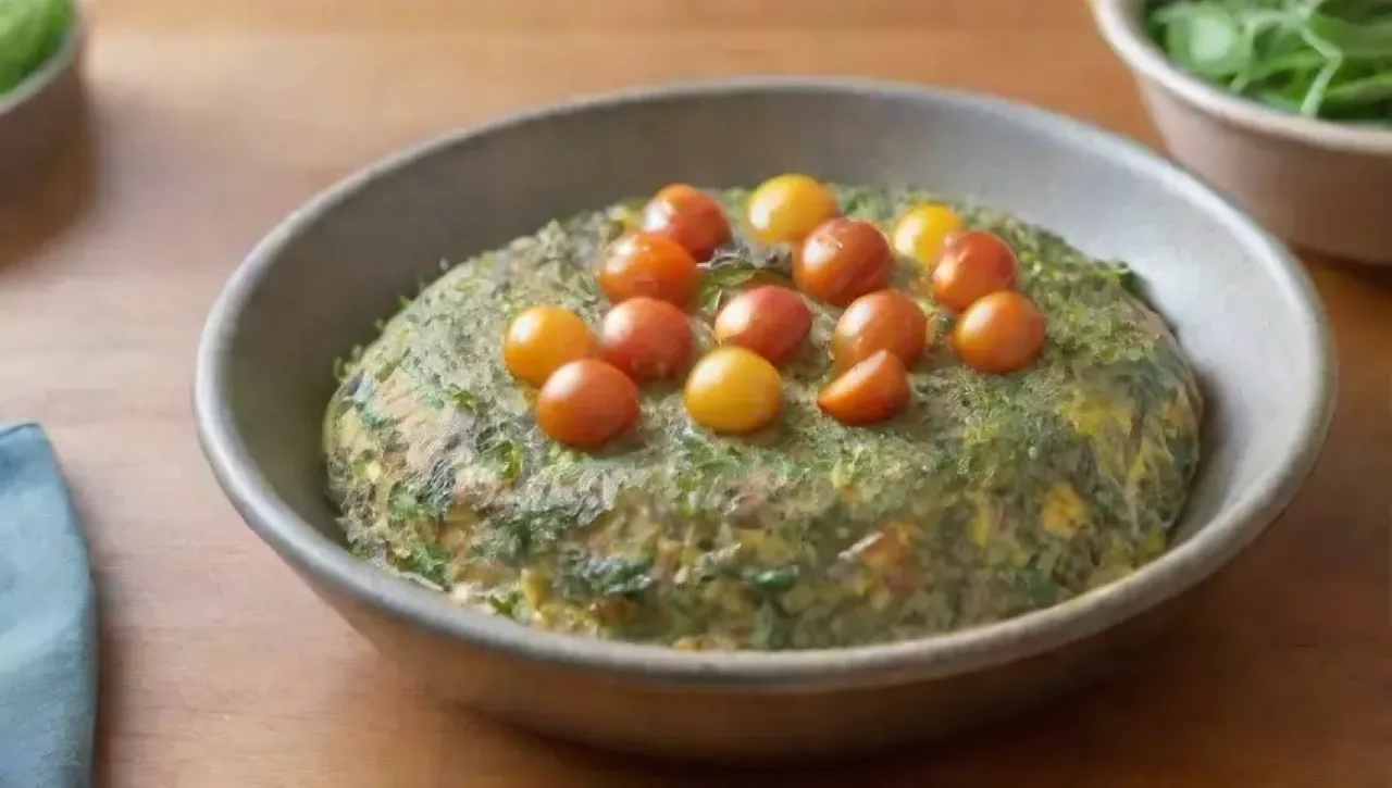 Un acogedor rincón de desayuno con hierbas frescas, huevos, tomates y una omelet perfectamente presentada