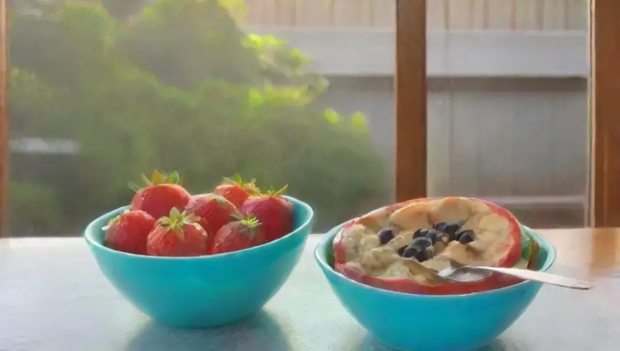 Un colorido y saludable smoothie bowl con frutas, espinacas y yogur en una cocina luminosa