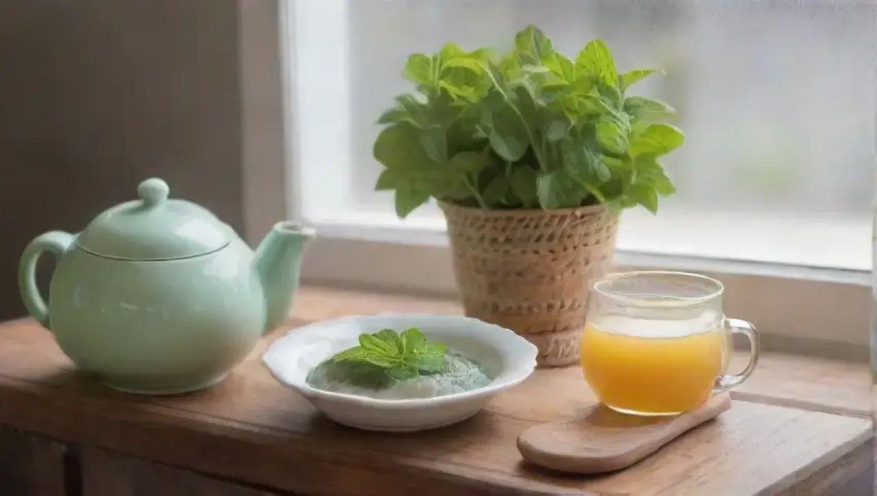 Una cocina serena con luz suave, una mesa rústica, té de menta y un ambiente acogedor