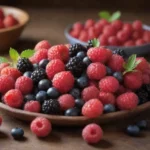 Surtido de bayas coloridas en una mesa rústica de cocina nórdica