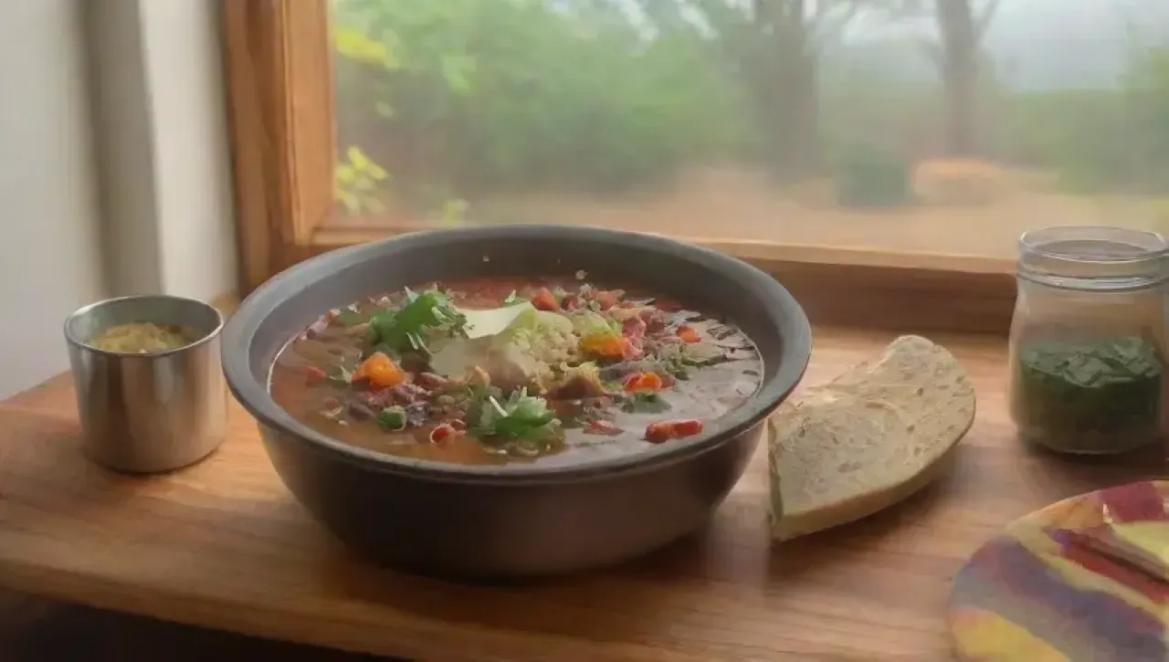 Una escena vibrante en la cocina con sopa de frijoles negros, cilantro, aguacate, limones, tortillas y risas familiares
