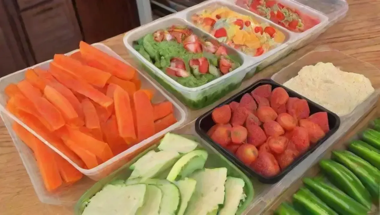 Una colorida y saludable exhibición de frutas y verduras frescas en una cocina iluminada