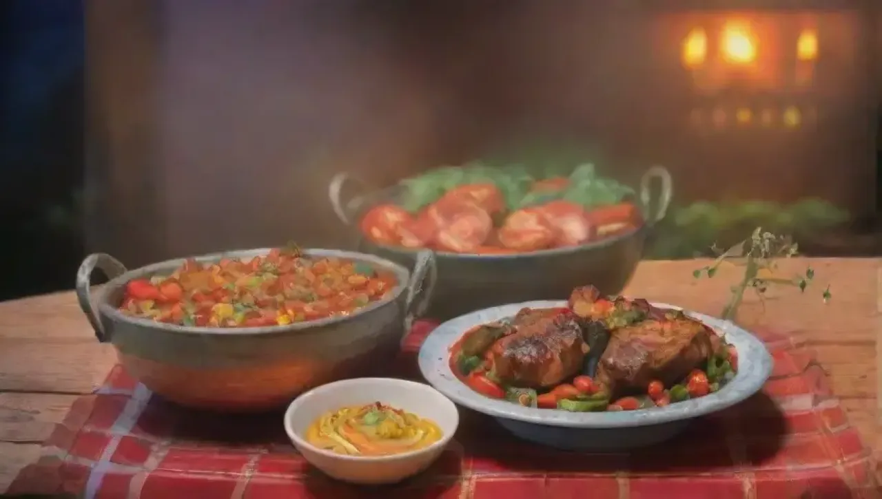 Una mesa rústica llena de comida deliciosa, luz cálida y risas