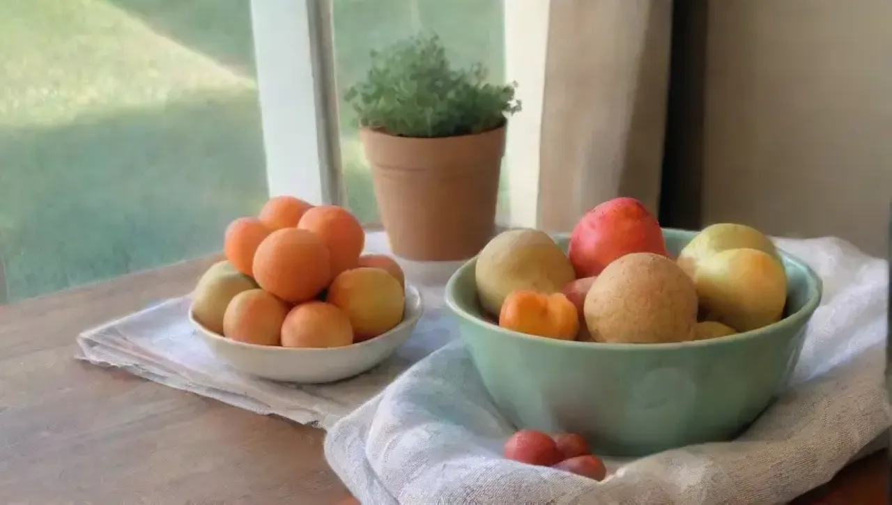 Una cocina serena con luz suave, verduras frescas, frutos secos, té herbal y un ambiente acogedor que invita a comer conscientemente