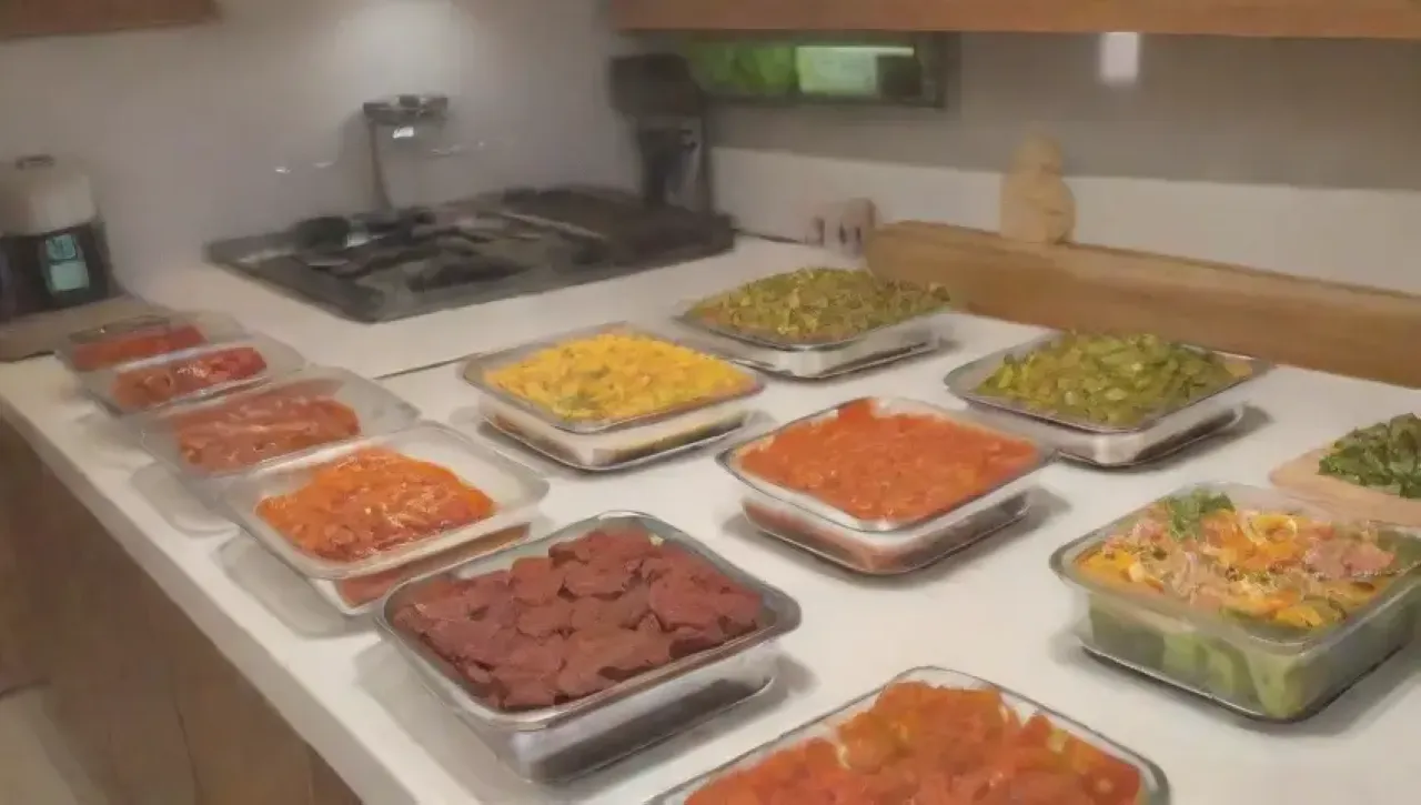 Escena de cocina vibrante con chefs creativos, ingredientes diversos y tecnología moderna