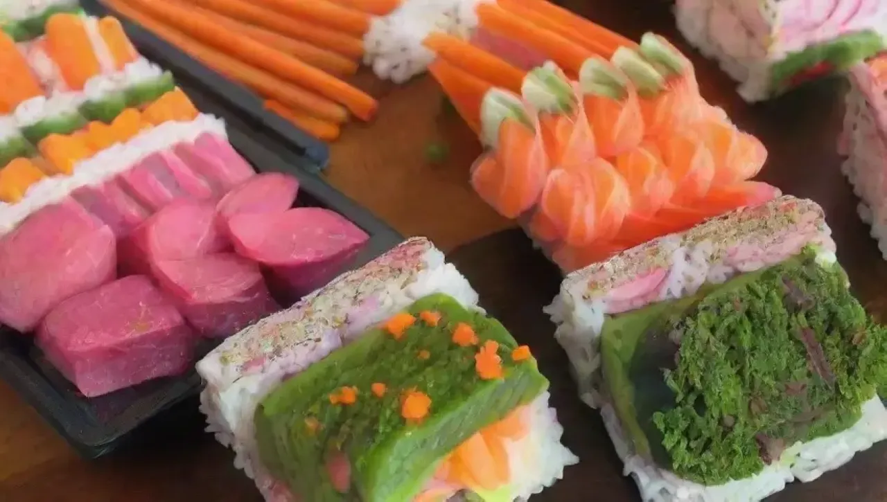 Sushi colorido y fresco con ingredientes vibrantes y presentación atractiva