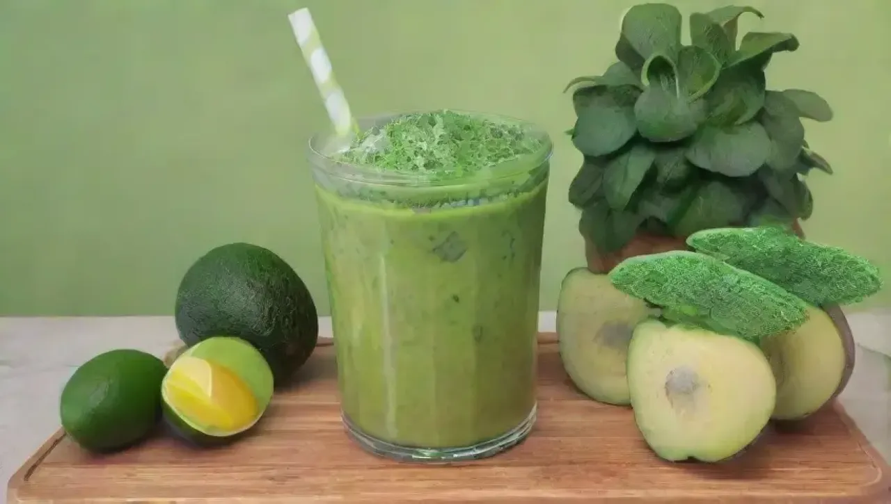 Fondo verde vibrante con aguacates, pepinos, limones, menta, un batido cremoso y un ambiente alegre en una cocina rústica