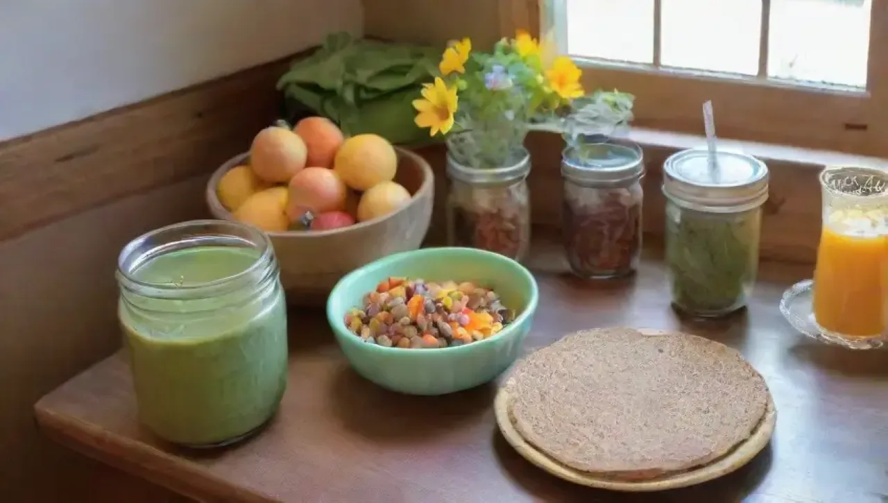 Una cocina serena y vibrante, llena de frutas, verduras, y un ambiente acogedor que invita a compartir y disfrutar de la comida