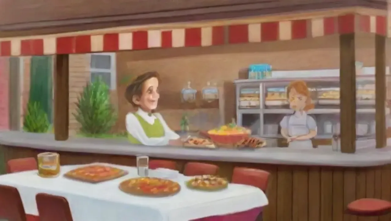 Un restaurante vibrante con comida gourmet, ambiente acogedor y clientes felices