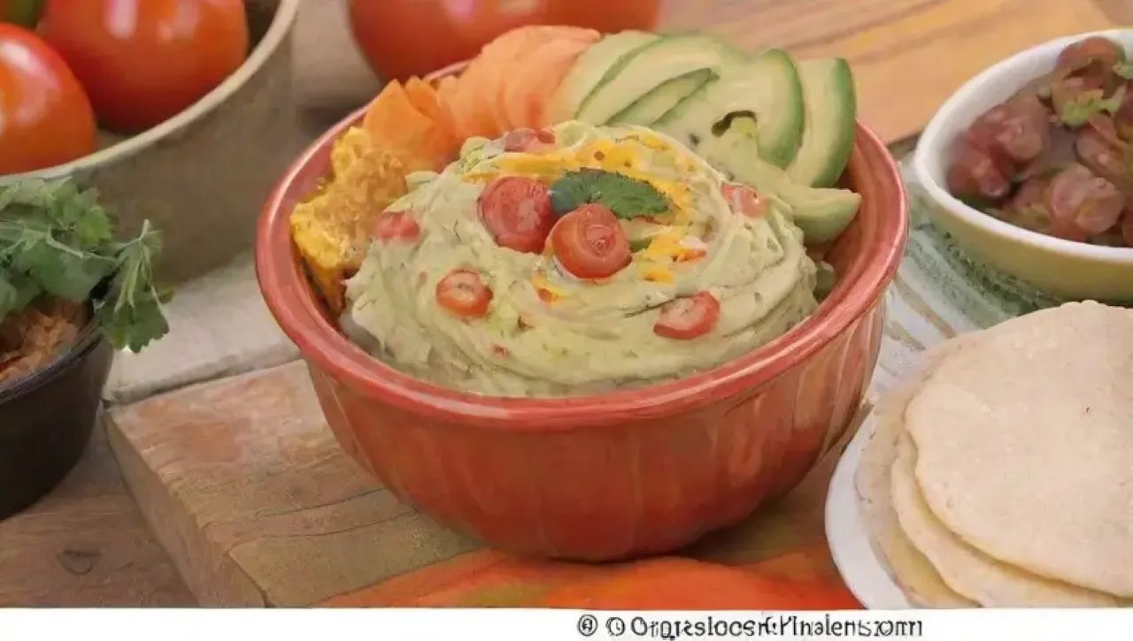 Una mesa colorida y acogedora con bowls de cerámica, dips vibrantes, verduras frescas y un ambiente encantador