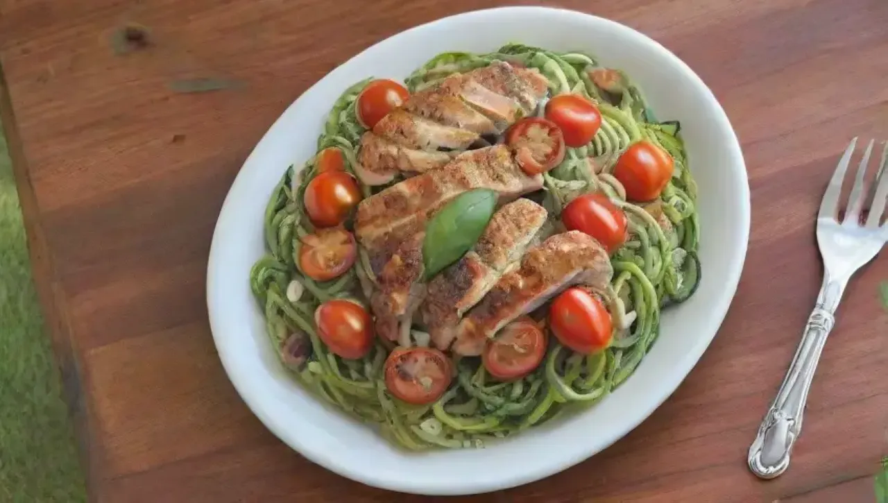 Un colorido plato de fideos de calabacín con pollo a la parrilla y salsa marinara en una acogedora cocina
