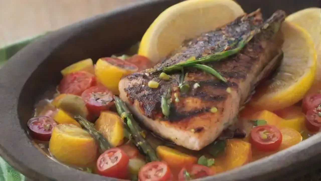 Una cena vibrante con pescado a la parrilla, amigos riendo y un ambiente acogedor