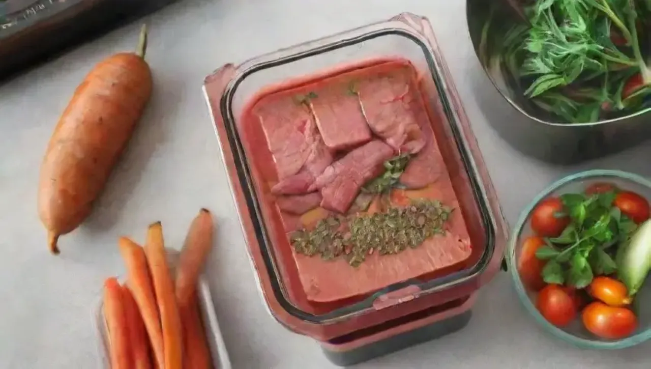Cocina elegante y organizada con sous vide, ingredientes frescos y aromas deliciosos