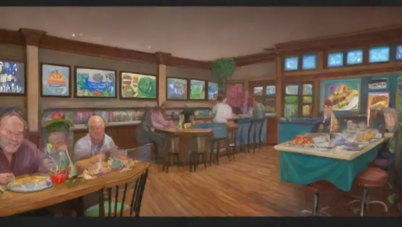 Un restaurante vibrante con decoración colorida, comida artística y un ambiente acogedor