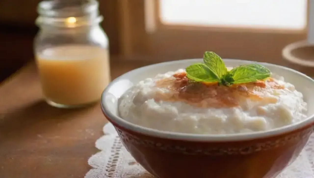 Un delicioso arroz con leche en un tazón rústico, adornado con canela, nuez moscada y pasas, evoca calidez y nostalgia