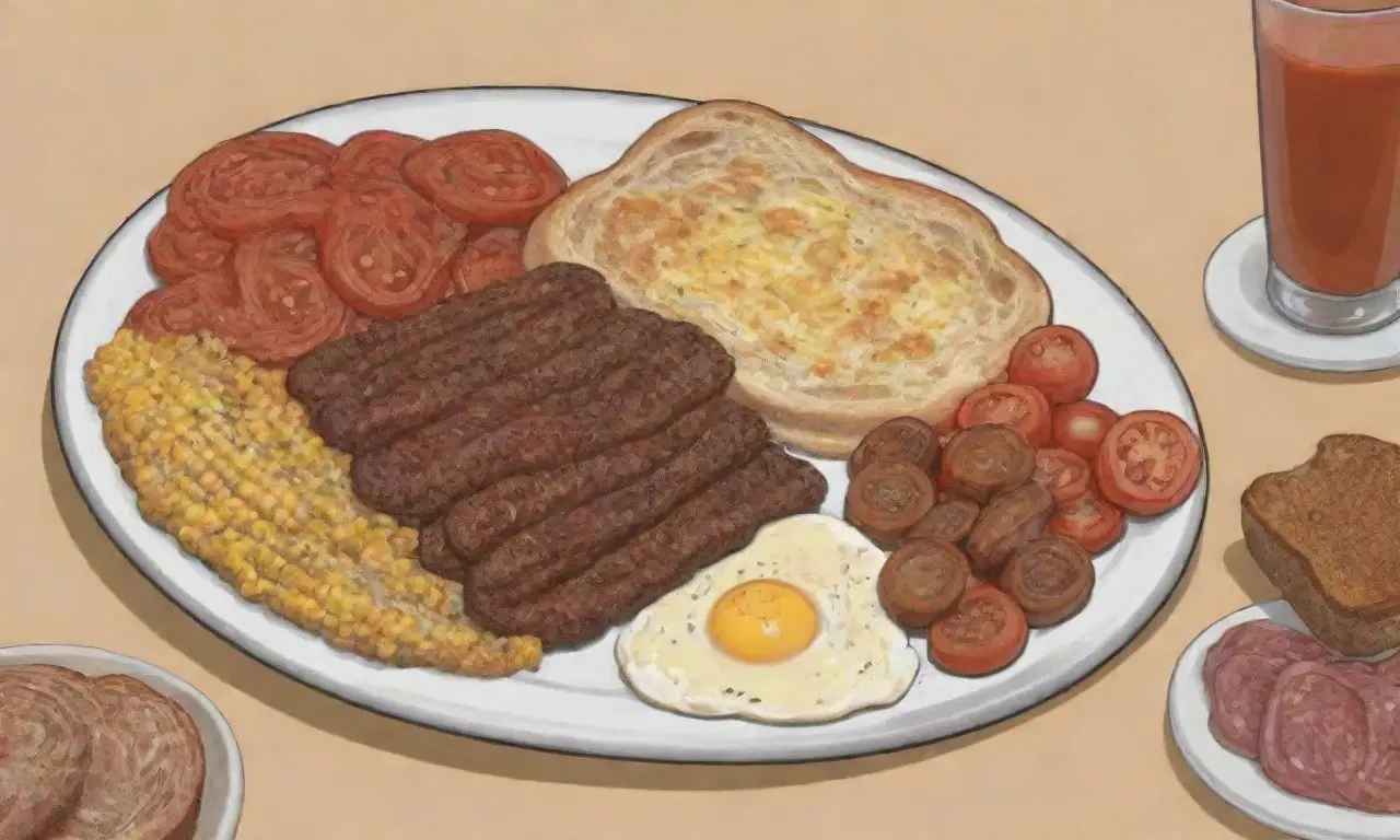Desayuno sudafricano: boerewors, huevos, chakalaka, tostada, relish de tomate y cebolla, papilla de maíz, biltong y café